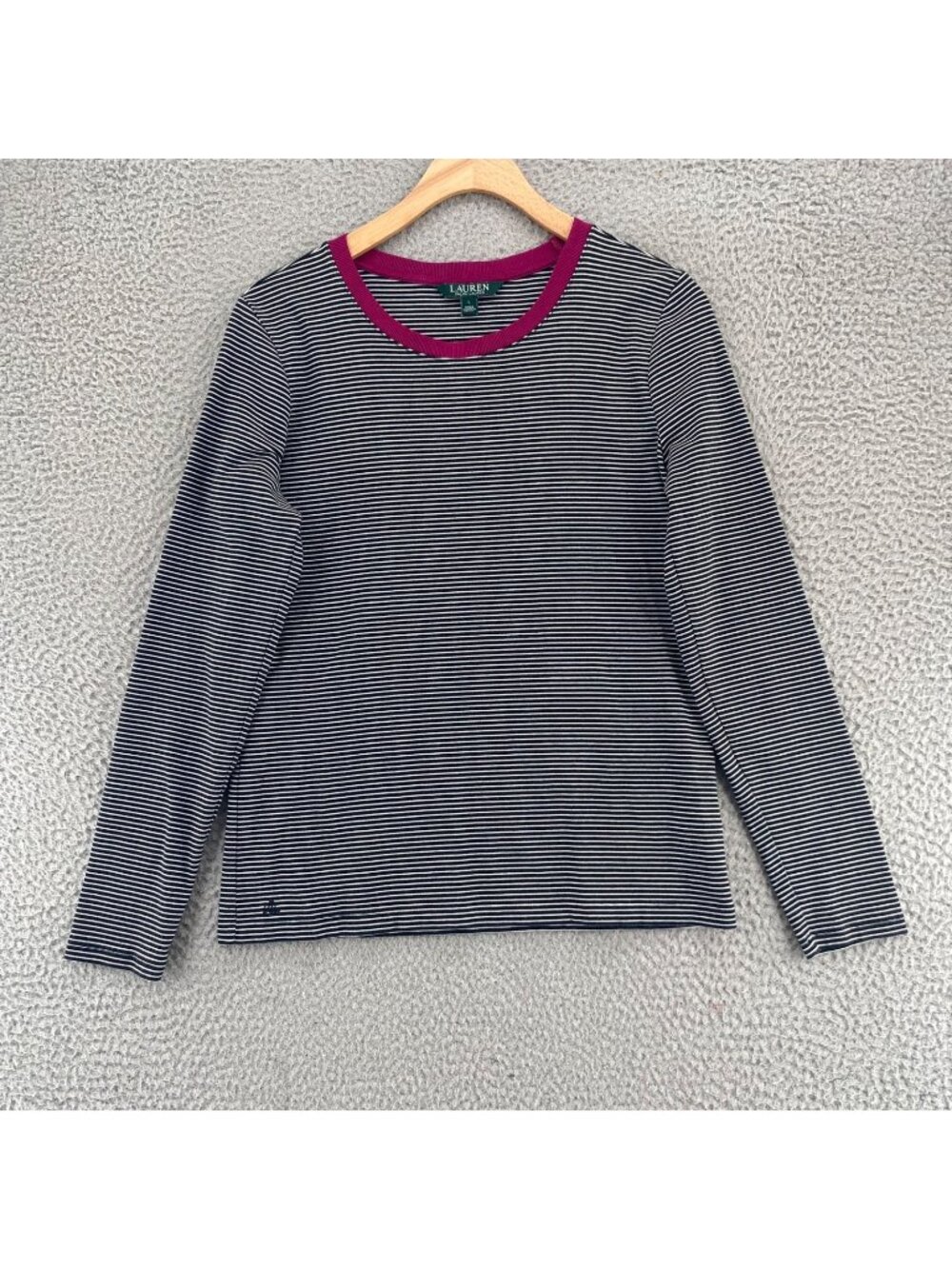 Lauren Ralph Lauren Top Womens Large Black Striped Contrast Neckline Long Sleeve